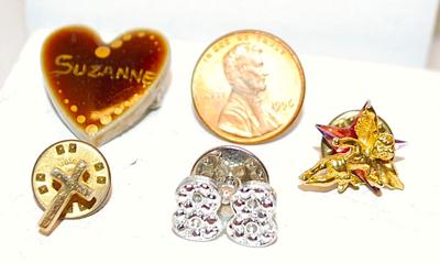 Assortment of 5 Specialty Tacks & Pins -- Suzanne Heart Pin; "88", Cupid & Cross Tacks; Lincoln Penny 1996