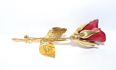 All Metal RED ROSE BROOCH (3" x 1") with Bright Gold Tone Leaves and Stem