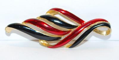 Striking RED & BLACK Ribbon BROOCH (2¾" x 1") with Gold Colored Inner Background on a Gold Tone Setting