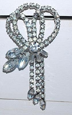 Beautiful 3 Looped Rows of Clear Stones BROOCH (3" x 1¾") with Marquise Cut Stone Accents & 3 Accent Dangles on a Silver...
