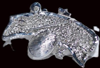 Large Banner-Style Floral Spray BROOCH/PENDANT (3" x 1¾") with Petal, Branches, Leaves and Oval Faceted Main Stone on a Silver...