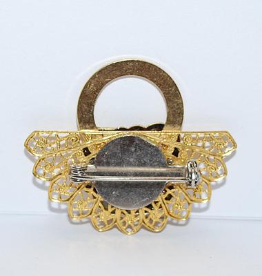 Filigree Style "FAN & ROSE" BROOCH (1¾" x 1½") with Gold Colored Circle Accent and Silver Tone Clasp