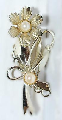 Double Faux Pearls BROOCH (1¾" x ¾") with Looped Stems & Petals on a Silver Tone Setting