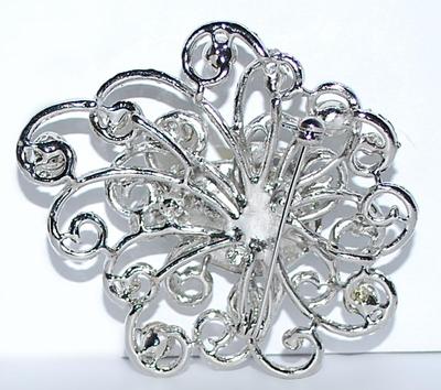 Large IRIDESCENT SPIRAL GARDEN BROOCH (3" x 2½") with Multi-Color Stones on a Silver Tone Setting