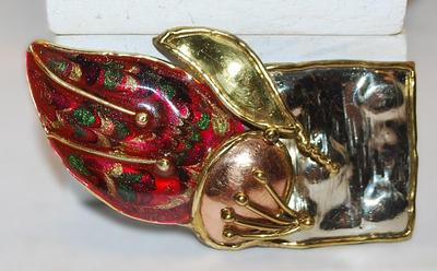 Large Unique Designed Cranberry RED BROOCH (3½" x 2") with Gold & Rose Gold Colored Accents on a Silver Tone Setting