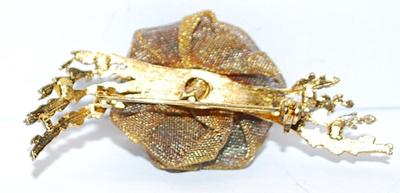 Wire Brown ROSE BROOCH (3" x 1¼") with Golden Highlights & 6 Faux Pearls on a Gold Tone Setting