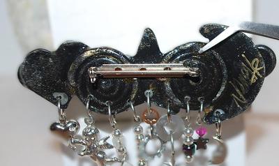 Large HEARTS, STARS & MOONS BROOCH (3¾" x 2¼") with Baubles and Dangles on a Black Enameled Setting