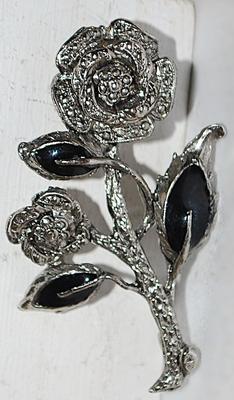 Double Flowers & Black Leaves BROOCH (2¼" x 1½") on a Solid Silver Tone Setting