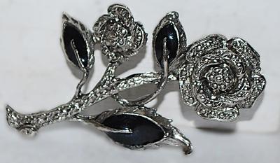 Double Flowers & Black Leaves BROOCH (2¼" x 1½") on a Solid Silver Tone Setting