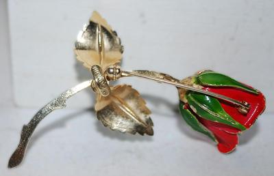 VINTAGE Curved Stem ROSE BROOCH (3" x 1½") -- Marked "Giovanni" -- with Green Leaves and Gold Tone Setting