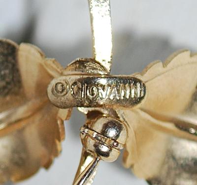 VINTAGE Curved Stem ROSE BROOCH (3" x 1½") -- Marked "Giovanni" -- with Green Leaves and Gold Tone Setting