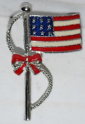 Enameled USA FLAG BROOCH (1¾" x 1¼") with Pole, RED Ribbon & Tassel Rope on a Silver Tone Setting