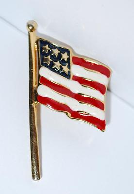 Heavy Enameled USA WAVEY FLAG BROOCH (2" x 1¼") with Gold Colored Pole & Gold Tone Setting