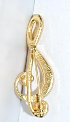 Gold Colored "G-Clef" BROOCH (2" x ¾") with Clear Round Stone Accents on a Gold Tone Setting
