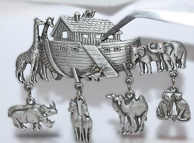 Silver Tone NOAH'S ARK BROOCH (2¾" x 2") - Marked "©JJ" with Rhinos, Horses, Lions and Giraffe Dangle Accents