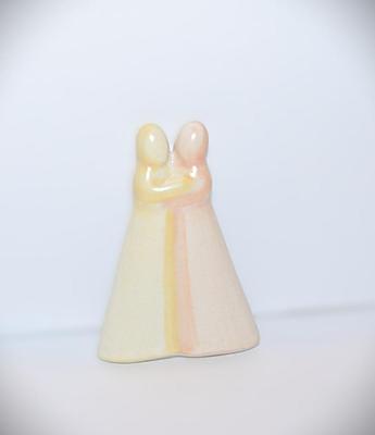 Double Pink & Yellow "Hugging Children" BROOCH (1¾" x 1¼") with Silver Tone Pin