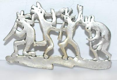 DANCING "KOKOPELLI" GROUP BROOCH (2½" x 1½") on a Silver Tone Setting