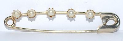 "Safety Pin" PEARL BROOCH (2" x ½") with 5 Faux Pronged Pearls on a Silver Tone Setting