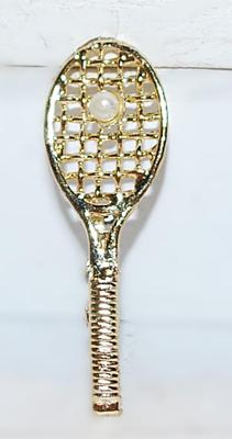 "Tennis Racket & Pearl" BROOCH (2" x ¾") on a Gold Tone Setting