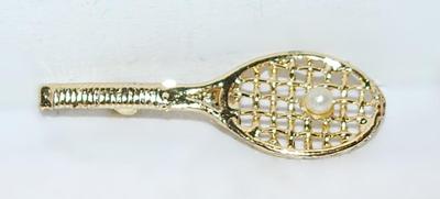 "Tennis Racket & Pearl" BROOCH (2" x ¾") on a Gold Tone Setting