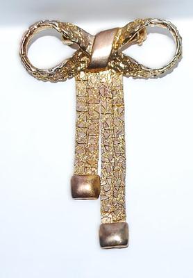 Large Brass-Style BOWTIE BROOCH (3" x 2") with Segmented Movable Dangle Ribbons on a Dark "Brass" Setting