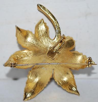 VINTAGE "Gold Edged Silver Leaf" with "Pearls & Stones" BROOCH (2" x 2") --Marked "©B S K"...