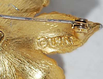 VINTAGE "Gold Edged Silver Leaf" with "Pearls & Stones" BROOCH (2" x 2") --Marked "©B S K"...