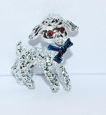 BABY LAMB BROOCH (1" x 1") with Red Eyes and Blue Ribbon Collar on a Siver Tone Setting