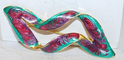 Glittery Enamel SWIRL BROOCH (3" x 1") in REDS & GREENS on a Gold Tone Setting