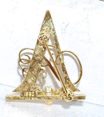 Gold Colored TRIANGLE BROOCH (1¼" x 1¼") with a Script Design and 4 Accent Stones on a Gold Tone Setting