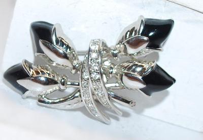 BLACK TULIPS Bouquet BROOCH (2¼" x 1½") with Jeweled Accents on a Silver Tone Setting