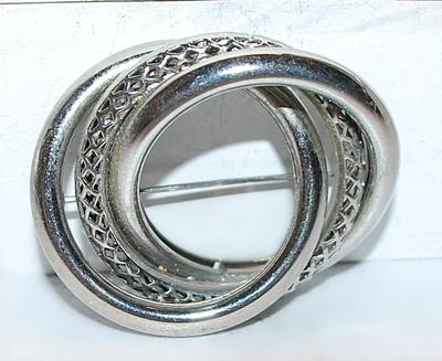 Triple Silver Colored Joined Off-Center RING BROOCH (2" x 1¾") with a Silver Tone Pin