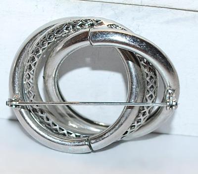 Triple Silver Colored Joined Off-Center RING BROOCH (2" x 1¾") with a Silver Tone Pin
