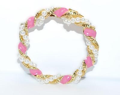 PINK Enameled Swirled Circle BROOCH (1½" Diam.) with Intertwined Faux Pearls & Gold Colored Ribbon