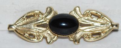BLACK Oval Cabochon BAR BROOCH (2" x ¾") with Side Graphic Designed Accents on a Gold Tone Setting