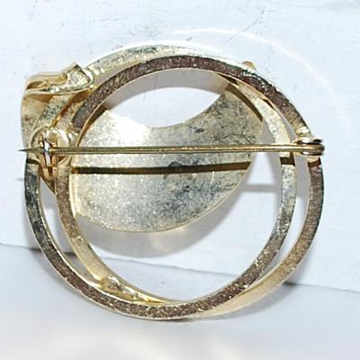 Double Circles BROOCH (1½" Diam.) with 4 Colored Accent Stones on a Half-Moon & Gold Tone Setting