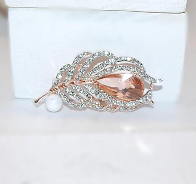 Bejeweled Sprig & Champagne Teardrop Stone BROOCH (2¼" x 1") with White Globe on a Rose Gold Setting