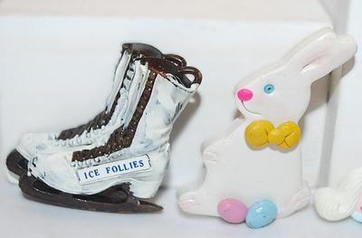 KID'S Set of 4 BROOCHES (2" to 1¼") with Bunny, Kitten, Ice Skates & Pumpkin