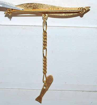 Thin Gold Colored BAR BROOCH (2¼" x ¼") with Fish-Like DANGLE on Gold Tone Setting