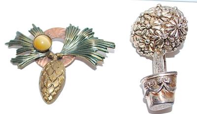 Collection of 2 BROOCHES - Silver Colored Potted Plant (1¾" x 1") & Pineapple Style with Stone and Leaves (1¾" x...