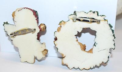 Collection of 2 HOLIDAY BROOCHES - Bear Wreath (2¼" Diam.) & Bear in Santa Outfit with Tree (2" x 1½")