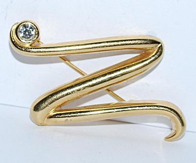 Letter "N' or "Z" BROOCH (1½" x 1½") with Single Corner Stone on a Gold Tone Setting