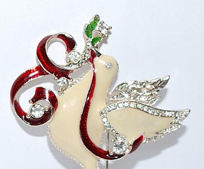 Ornate Beige Holiday BIRD BROOCH (2" x 2") with Swirling Red Ribbons and Bejeweled Outlines on a Silver Tone Setting