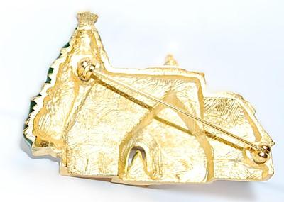 Beautiful Brushed Gold Color Christmas House BROOCH (2" x 1½") with Large Outside Decorated Tree and Small Inside Tree on a...