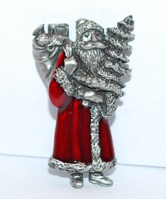 Red Enameled VICTORIAN SANTA BROOCH (2¼" x 1¼") with Toys & Tree on a Silver Tone Setting