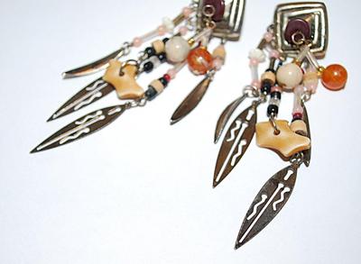Tribal-Style EARRINGS Set with Multi-Color Beads & "Spear/Feather" Accents and Stud Post Clasp