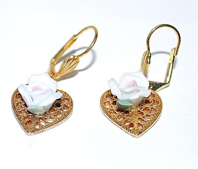 Ceramic "WHITE ROSE on a HEART" EARRINGS Set and Gold Tone Setting and Leverback Clasp