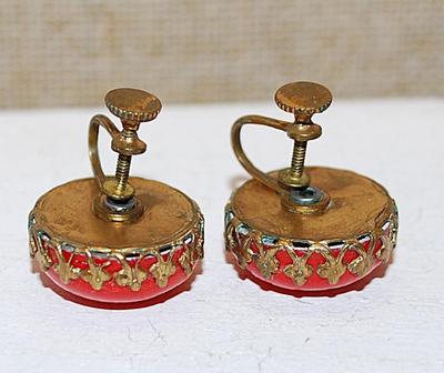 Vintage Style Bright RED Bead Earrings (¾" Circ.) Nested in a Gold Tone Setting with a Screw Type Clasp