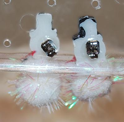 Vintage "Fuzzy" SNOWMAN EARRINGS Pair (1" x ½") with Black Hats and Red Ribbons and Stud Style Clasp