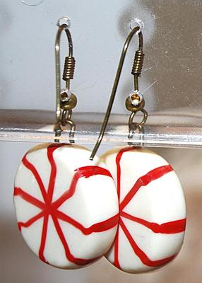 Vintage RED & WHITE PEPPERMINT EARRINGS Pair (¾" Diam.) with a Wire Hook Clasp